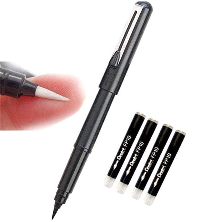 Ручка-кисть Brush Pen для каллиграфии черный корпус, 4 сменных картриджа, Pentel — картинка 3