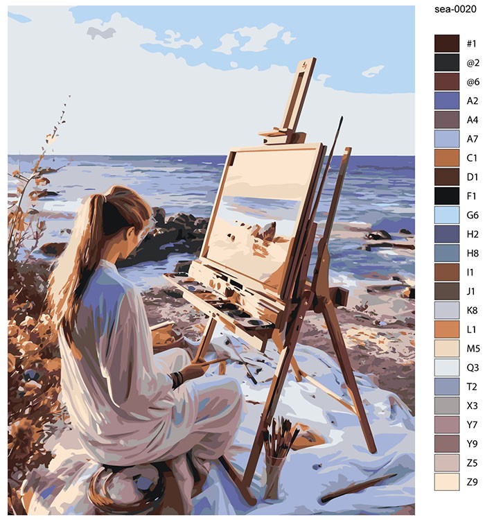 Картина по номерам «Море: Девушка рисует пейзаж на берегу» — картинка 2