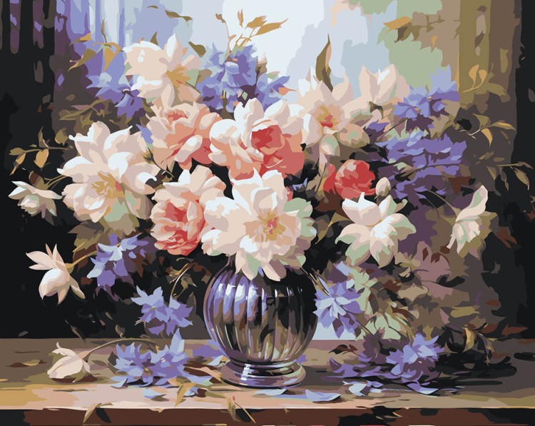 Картина по номерам «Цветы: Пышный букет с розами и васильками»
