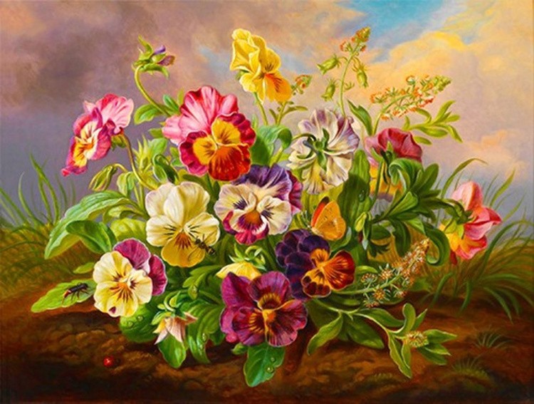 Рисунок на ткани «Цветы в клумбе»