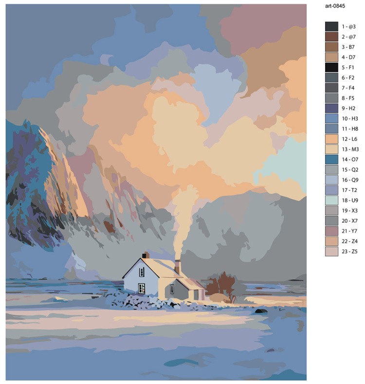 Картина по номерам Дом в горах зимой на восходе — картинка 2