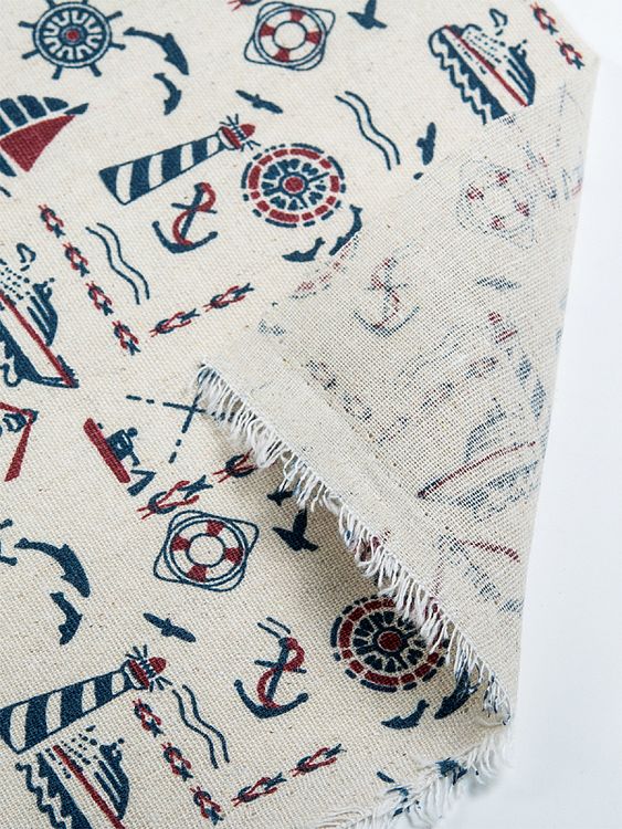 Ткань Лен, 140 г/м², 5 м x 150 см, цвет: белый, синий, морской принт, TBY — картинка 5