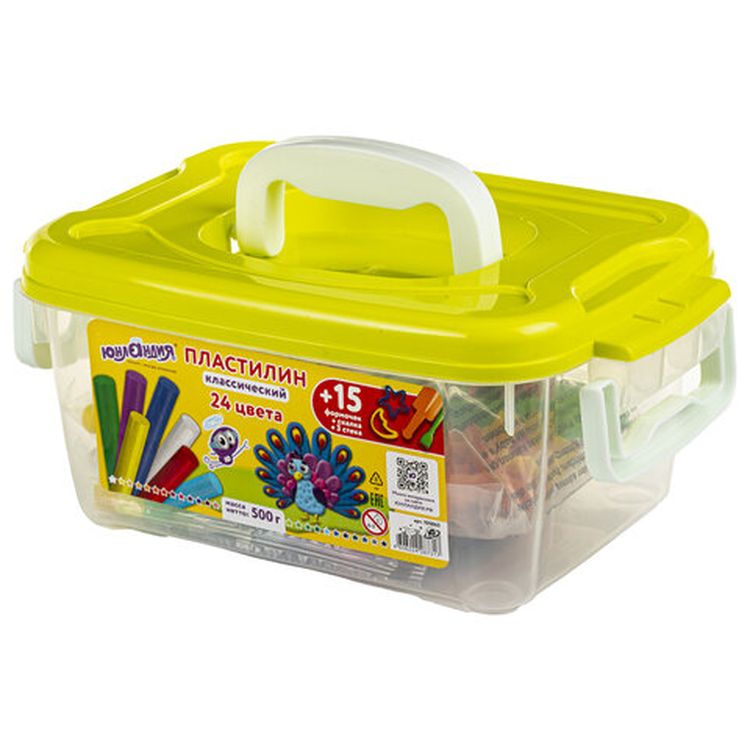 Пластилин в боксе Юнландия, 24 цвета, 500 г, скалка, 3 стека, 15 формочек — картинка 5