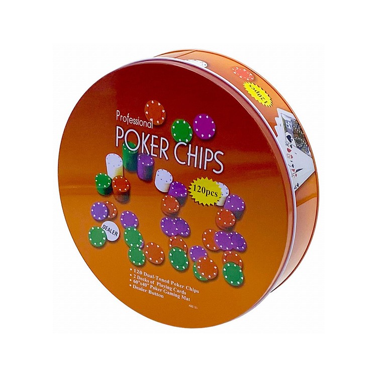 Набор для покера Holdem Light в жестяной коробке, 120 фишек с номиналом+ сукно — картинка 5