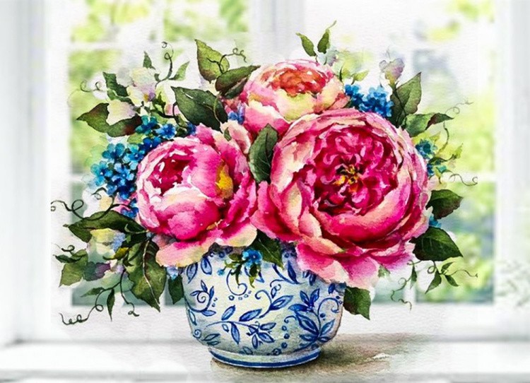 Алмазная вышивка «Пионы на окне» — картинка 2