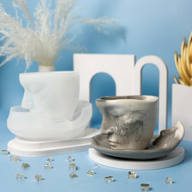 Силиконовый молд - Контейнер для свечей лицо с блюдцем, 10x8см, 2 молда — картинка 3