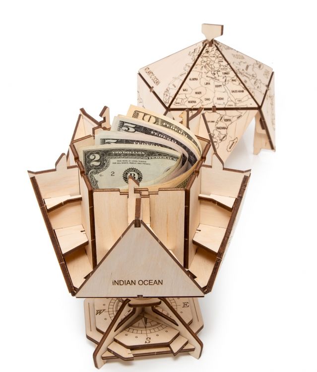 Конструктор деревянный 3D EWA «Глобус Икосаэдр с секретом», (шкатулка, сейф), черный — картинка 4