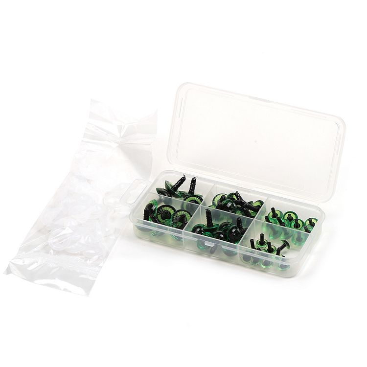 Набор глаз в органайзере винтовые, пластик, с лучиками зеленые, d11-22 мм, 46 шт., с фиксацией №5, Magic 4 Toys — картинка 2