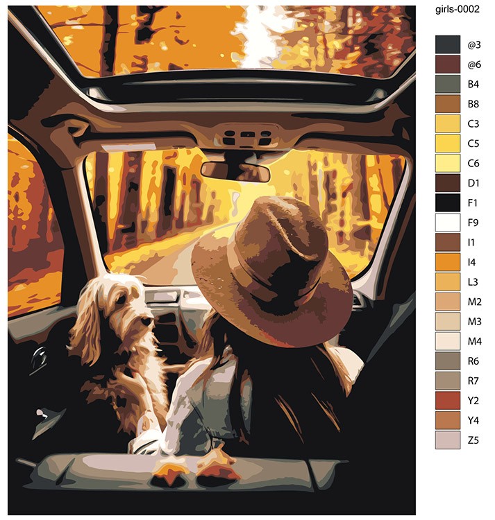 Картина по номерам «Девушка и собака едут в машине по осеннему лесу» — картинка 2