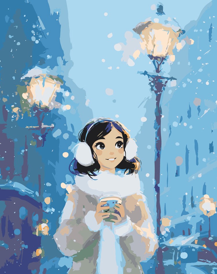 Картина по номерам Девушка с кофе в зимнем городе