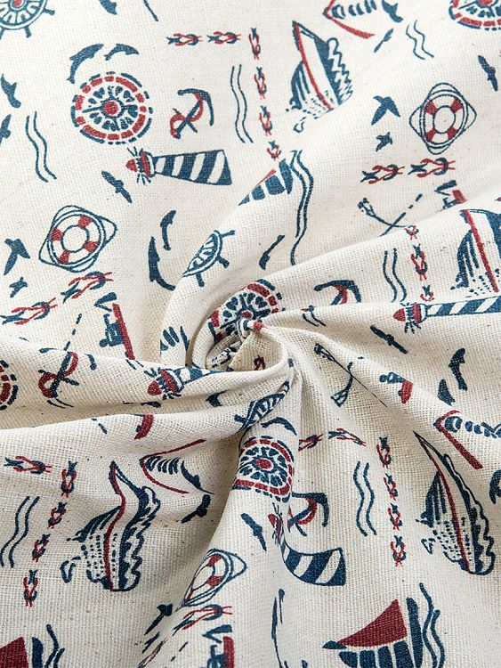 Ткань льняная, 1 м x 150 см, 140 г/м², цвет: белый, морской принт, TBY — картинка 2