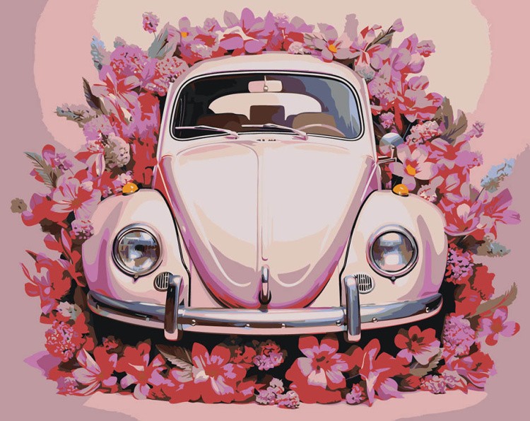 Картина по номерам «Машины: Розовый Фольксваген Жук в цветах»