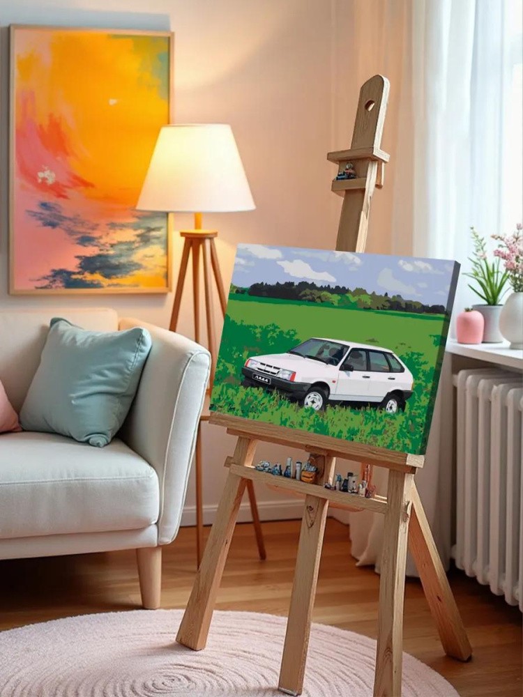 Картина по номерам «ВАЗ-2109: белая Лада девятка на зеленом лугу» — картинка 10