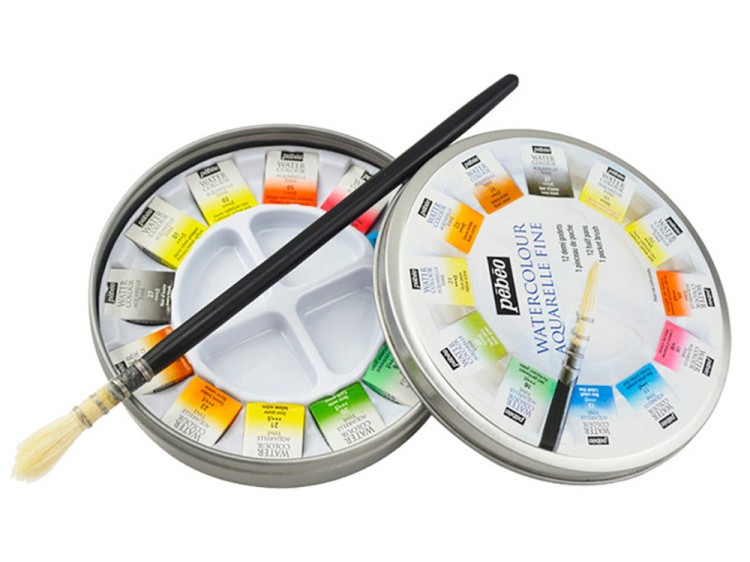 Краски Pebeo акварель 12 цветов набор Aquarelle Fine в металлической коробке с кистью — картинка 2