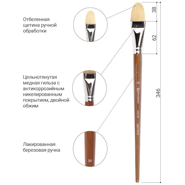 Кисть художественная профессиональная Art Classic, щетина, овальная, № 30, длинная ручка, Brauberg — картинка 4