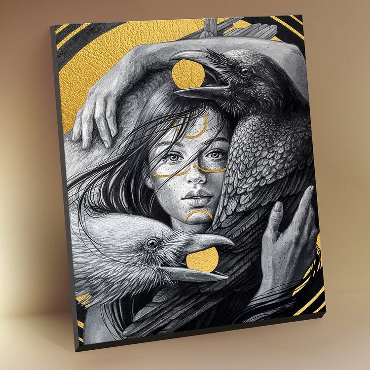 Картина по номерам с поталью «Черный холст Девушка и вороны»