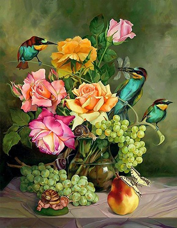 Рисунок на ткани «Птицы на цветах»