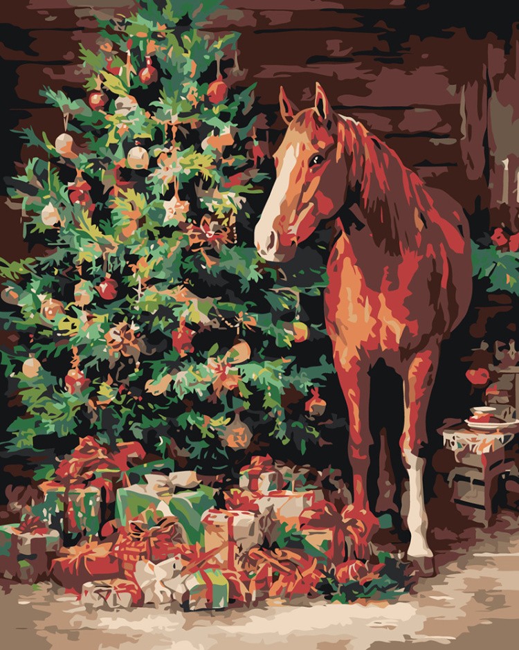 Картина по номерам Красная лошадь и елка Символ нового года