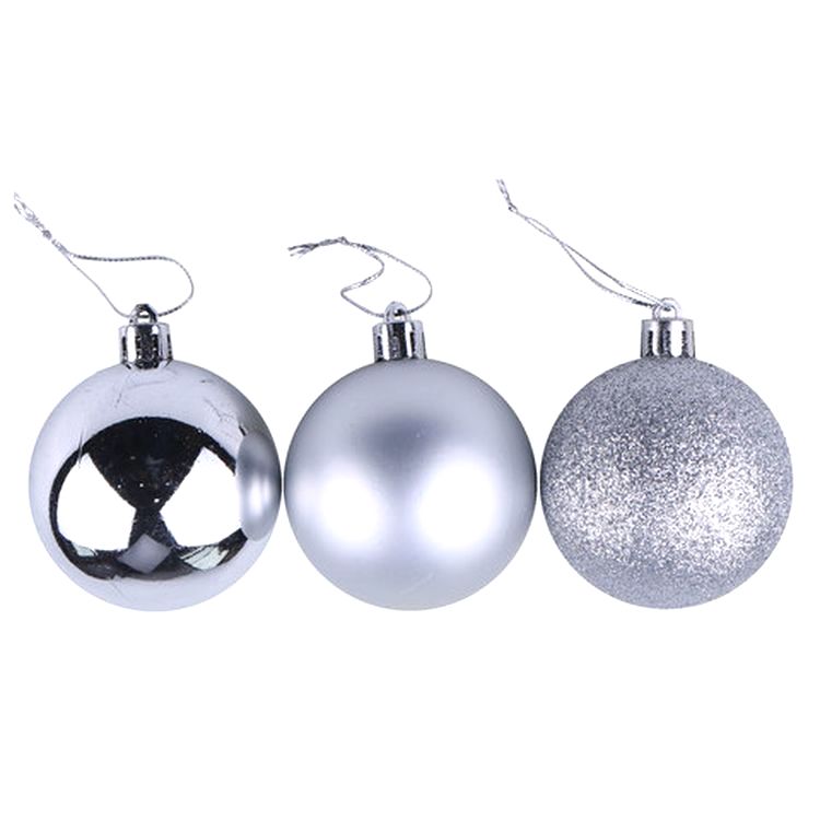 Шары елочные, набор 6 шт., пластик, 6 см, серебристые (глянец, матовый, глиттер) — картинка 3
