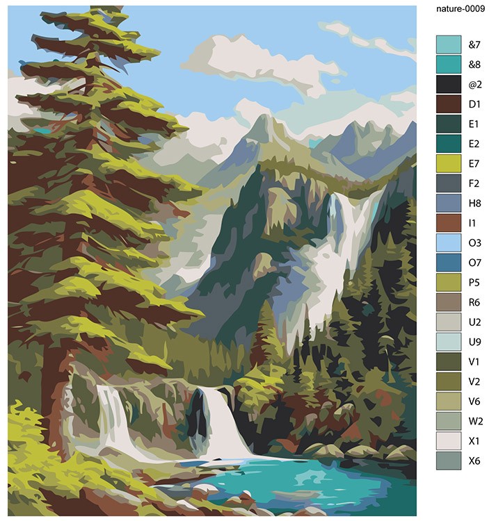 Картина по номерам «Природа: Пейзаж с горным водопадом в лесу» — картинка 2