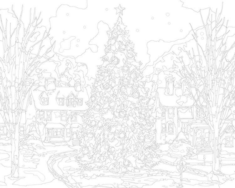 Картина по номерам «Рождество: Нарядная елка в заснеженном городе» — картинка 3