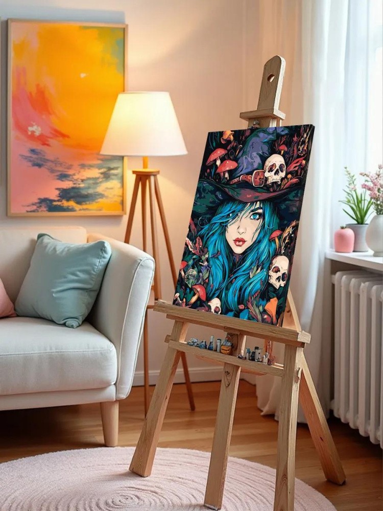 Картина по номерам «Ужасы: ведьма колдунья, грибы и черепа» — картинка 10