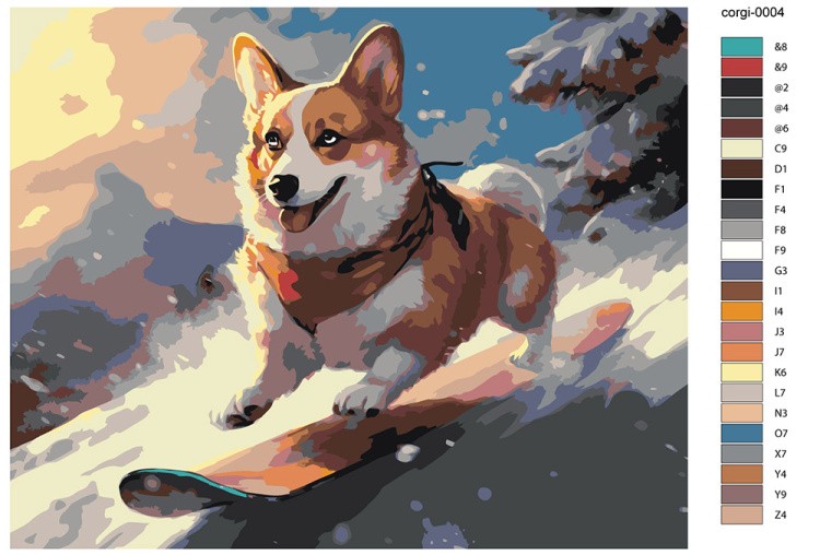 Картина по номерам «Собака корги катается на сноуборде» — картинка 2