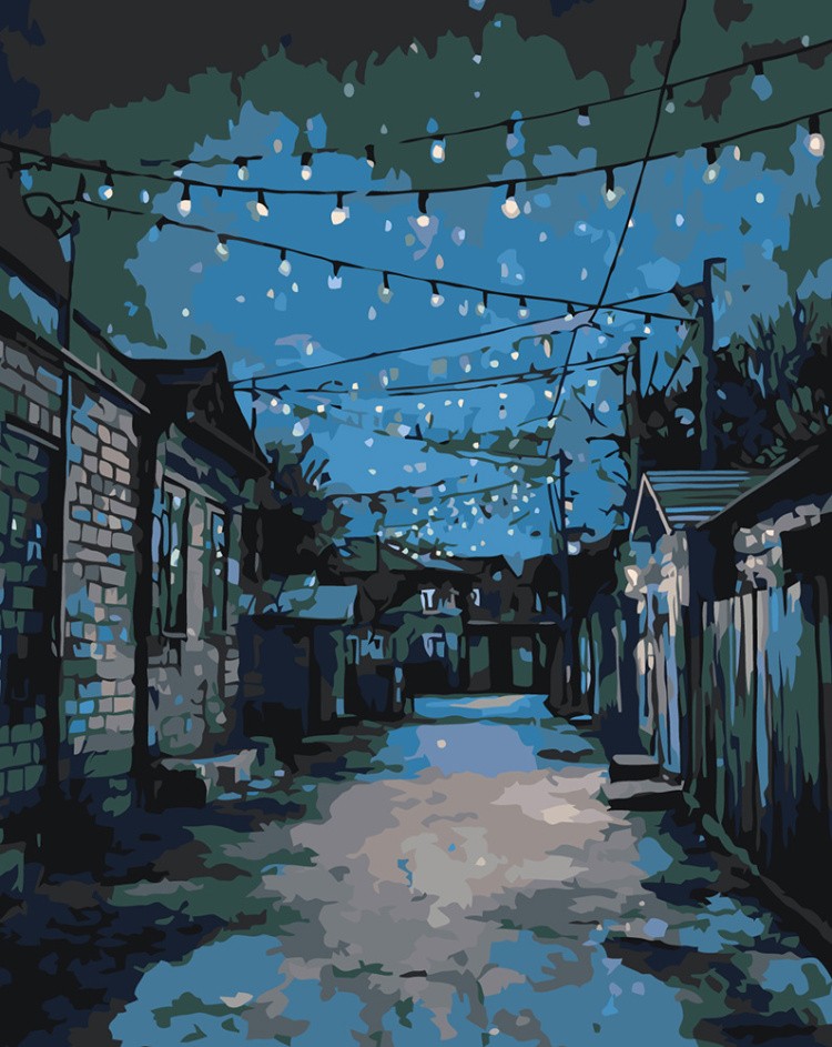 Картина по номерам Дома панельки родные ночь за гаражами