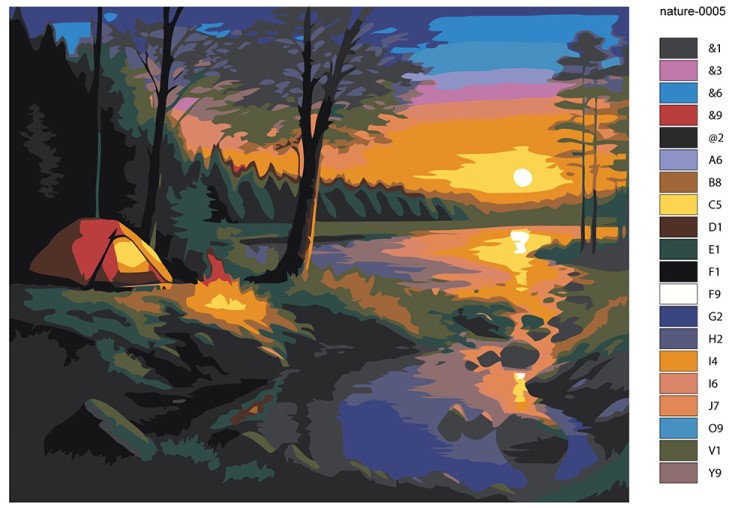 Картина по номерам «Природа: Пейзаж с палаткой и костром в лесу на закате» — картинка 2