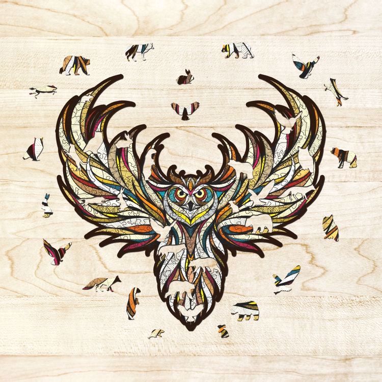 Деревянный, фигурный пазл EWA «Мудрая Сова L», 40x42 см — картинка 3