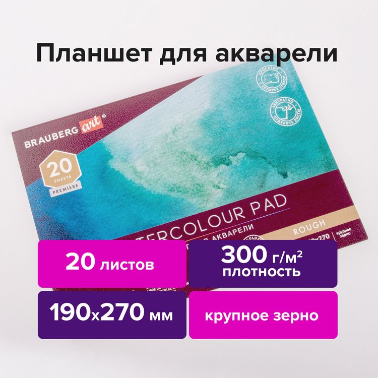 Папка для акварели/планшет, 300 г/м2, 190х270 мм, склейка, крупное зерно, 20 л., BRAUBERG ART PREMIERE