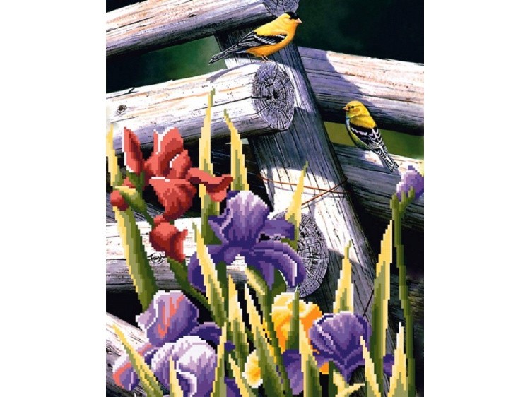 Рисунок на габардине «Птицы и ирисы»