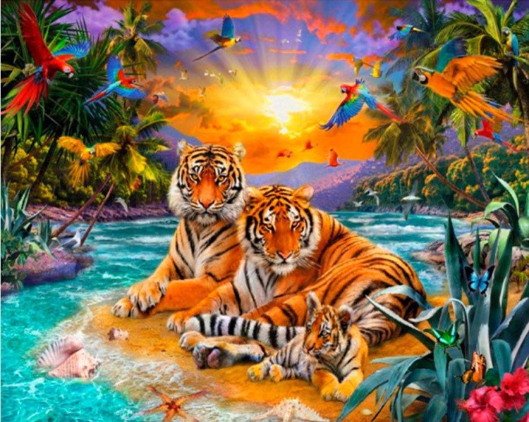 Картина по номерам «Тигры у озера»