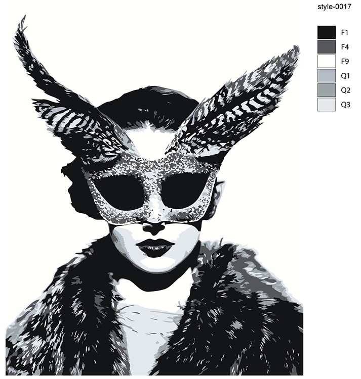 Картина по номерам «Портрет девушки в маске, зайчик, чб» — картинка 2