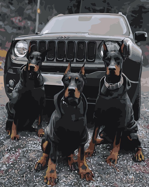 Картина по номерам «Машина джип и собаки доберманы 40х50»