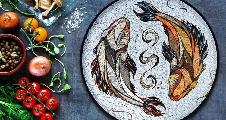 Деревянный, фигурный пазл EWA «Карпы Кои (Рыбы) L», 40x40 см — картинка 3