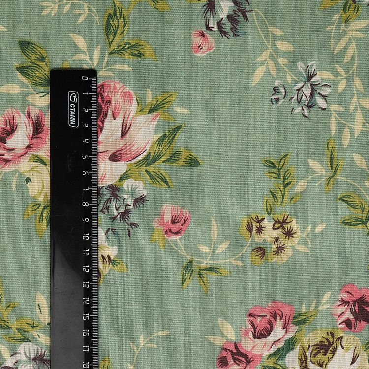 Ткань Лен, 140 г/м², 5 м x 150 см, цвет: зеленый, цветочный принт, TBY — картинка 5