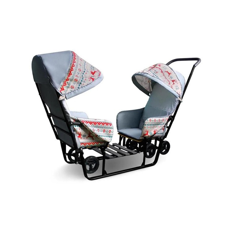 Санки детские для двойни с колесами, олени красные — картинка 4