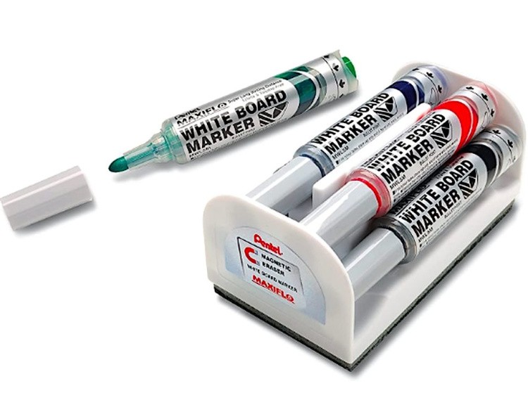 Набор маркеров для досок Maxiflo 4 цв., с магнитной губкой, 4 мм, пулевидный, Pentel — картинка 2
