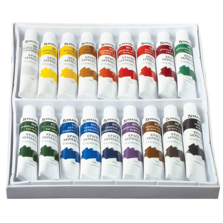 Краски акриловые художественные BRAUBERG ART DEBUT, набор 18 цветов по 12 мл, в тубах — картинка 2