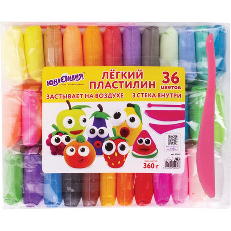 Пластилин супер лёгкий воздушный застывающий 36 цветов, 360 г, 3 стека, Юнландия — картинка 2