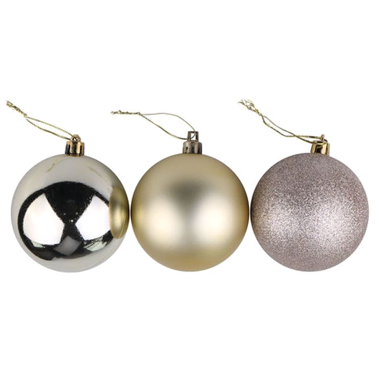 Шары елочные, набор 6 шт., пластик, 6 см, светлое золото (глянец, матовый, глиттер) — картинка 2