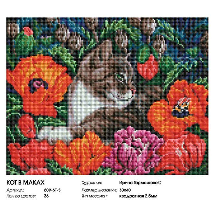 Алмазная вышивка «Кот в маках» — картинка 2