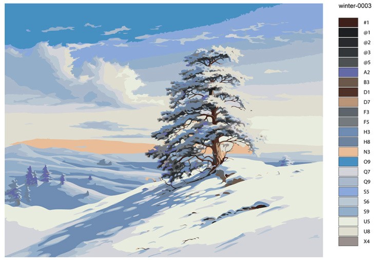 Картина по номерам «Зима: Пейзаж с сосной в снежных горах» — картинка 2