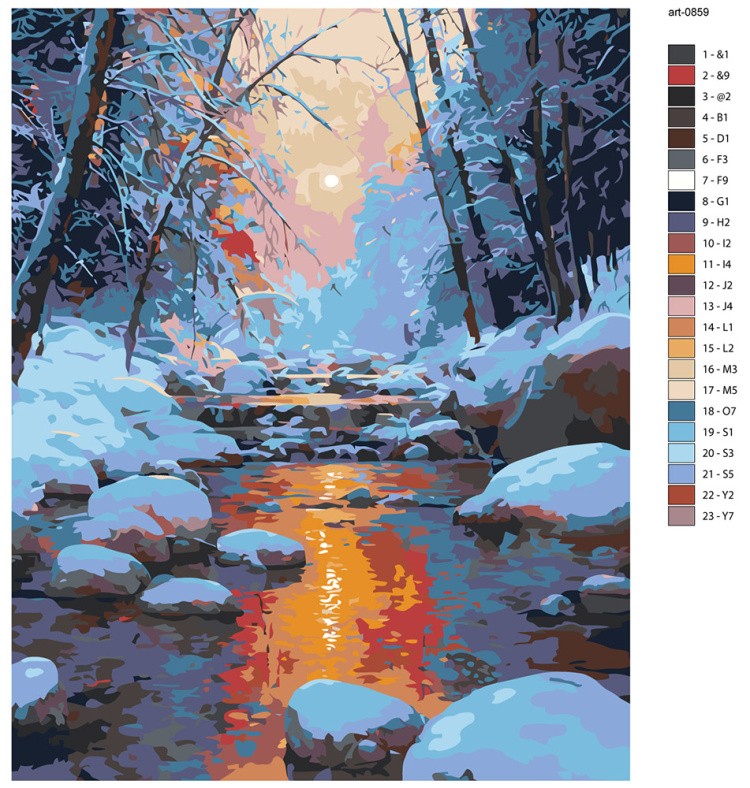 Картина по номерам Пейзаж с ручьем на закате в зимнем лесу — картинка 2