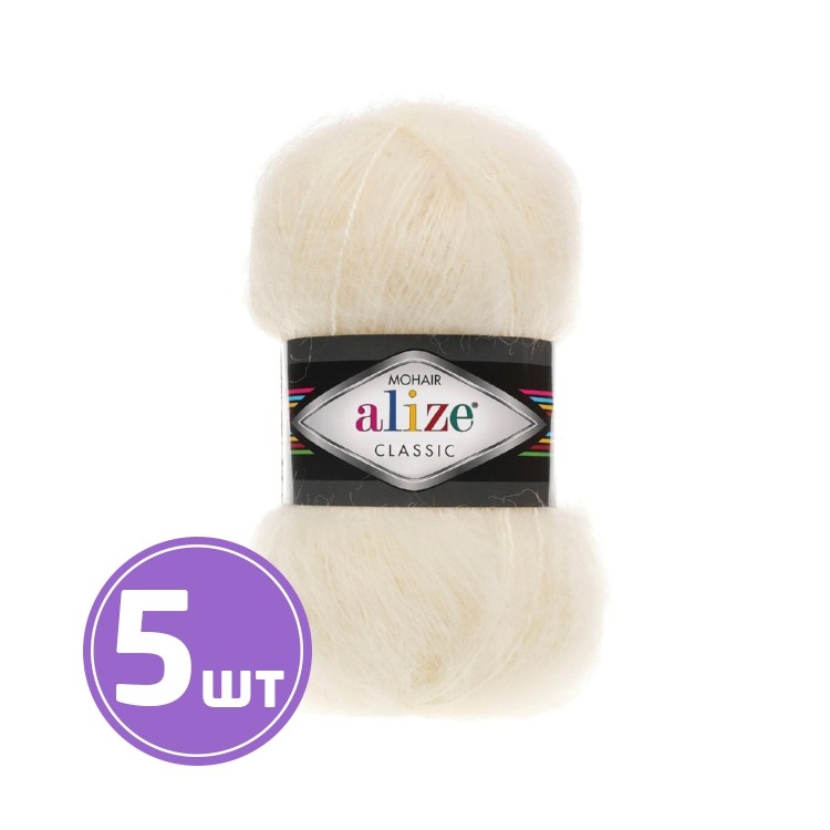 Пряжа ALIZE Mohair classik new (01), кремовый, 5 шт. по 100 г