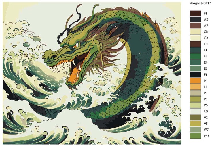 Картина по номерам «Восточный зеленый дракон в море» — картинка 2