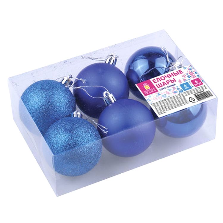 Шары елочные, набор 6 шт., пластик, 6 см, синие (глянец, матовый, глиттер) — картинка 5