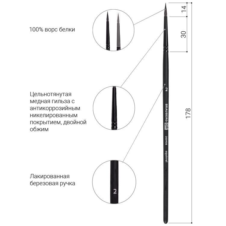 Кисть художественная профессиональная Art Classic, белка, круглая, № 2, короткая ручка, Brauberg — картинка 4