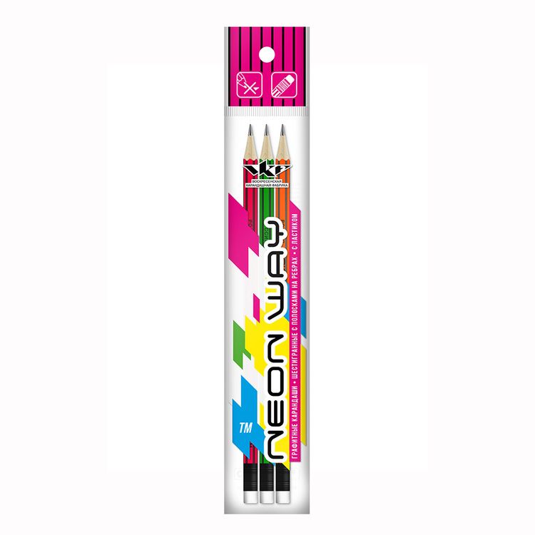 Набор графитных карандашей ВКФ «Neon way» ОПП неон с полосками на ребрах, с ластиком ТМ (HB), 3 шт.